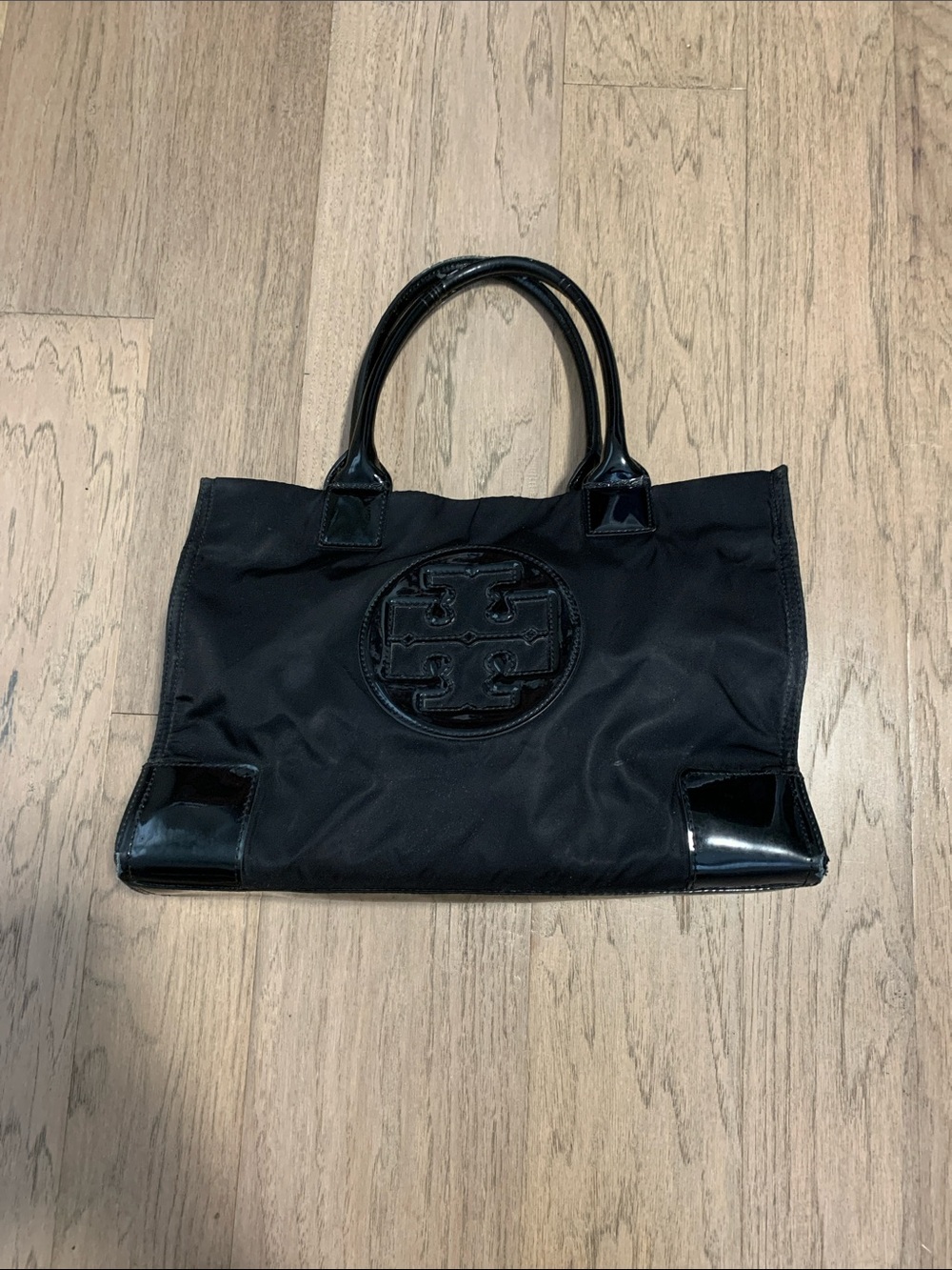 Tory Burch Black Ella Nylon Tote with Patent Trim and Logo